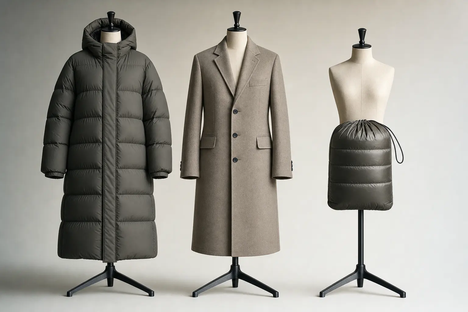 A studio shot of three coat silhouettes on mannequins side-by-side: long padded coat, single-breasted wool overcoat, and