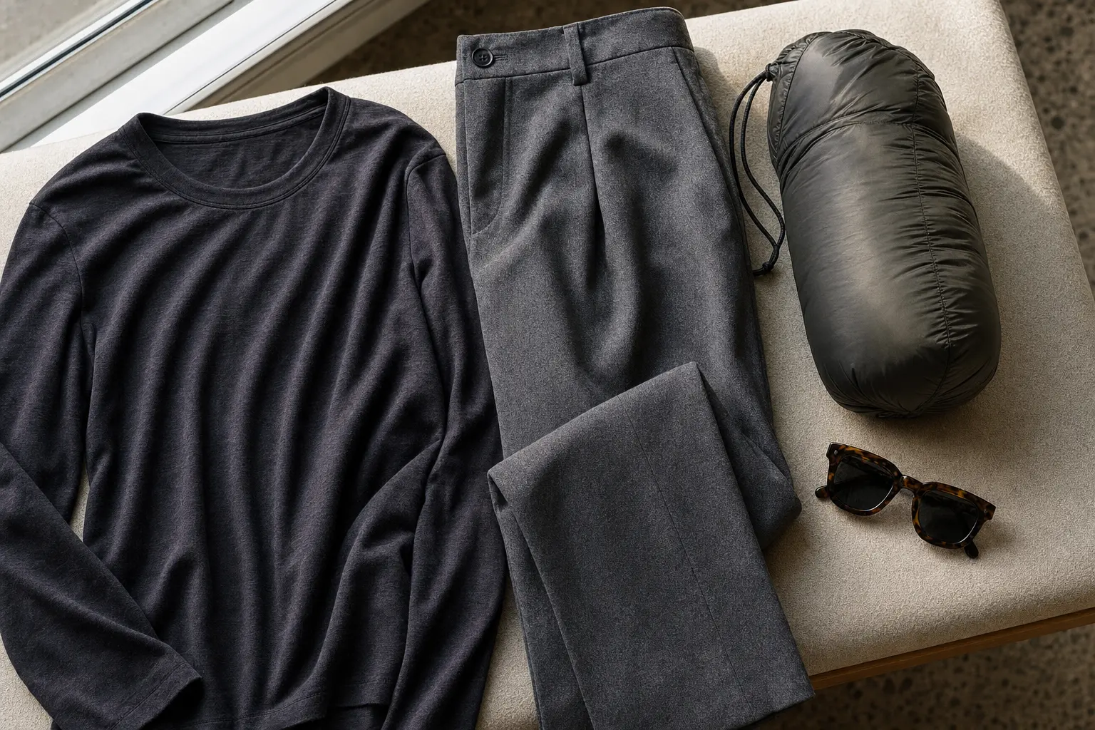 A flat-lay of travel fabrics arranged on a bench: merino long-sleeve jersey, wool-blend trousers, a compressible puffer 
