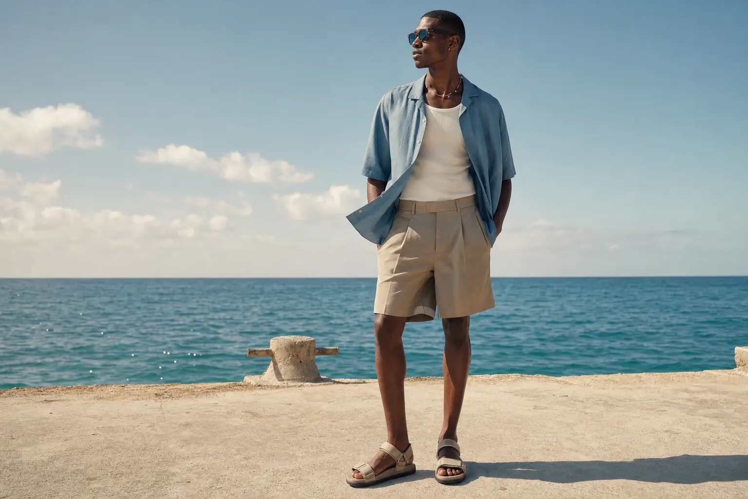 A model standing on a sunlit concrete pier with ocean in the background, wearing island streetwear: tailored sand-toned