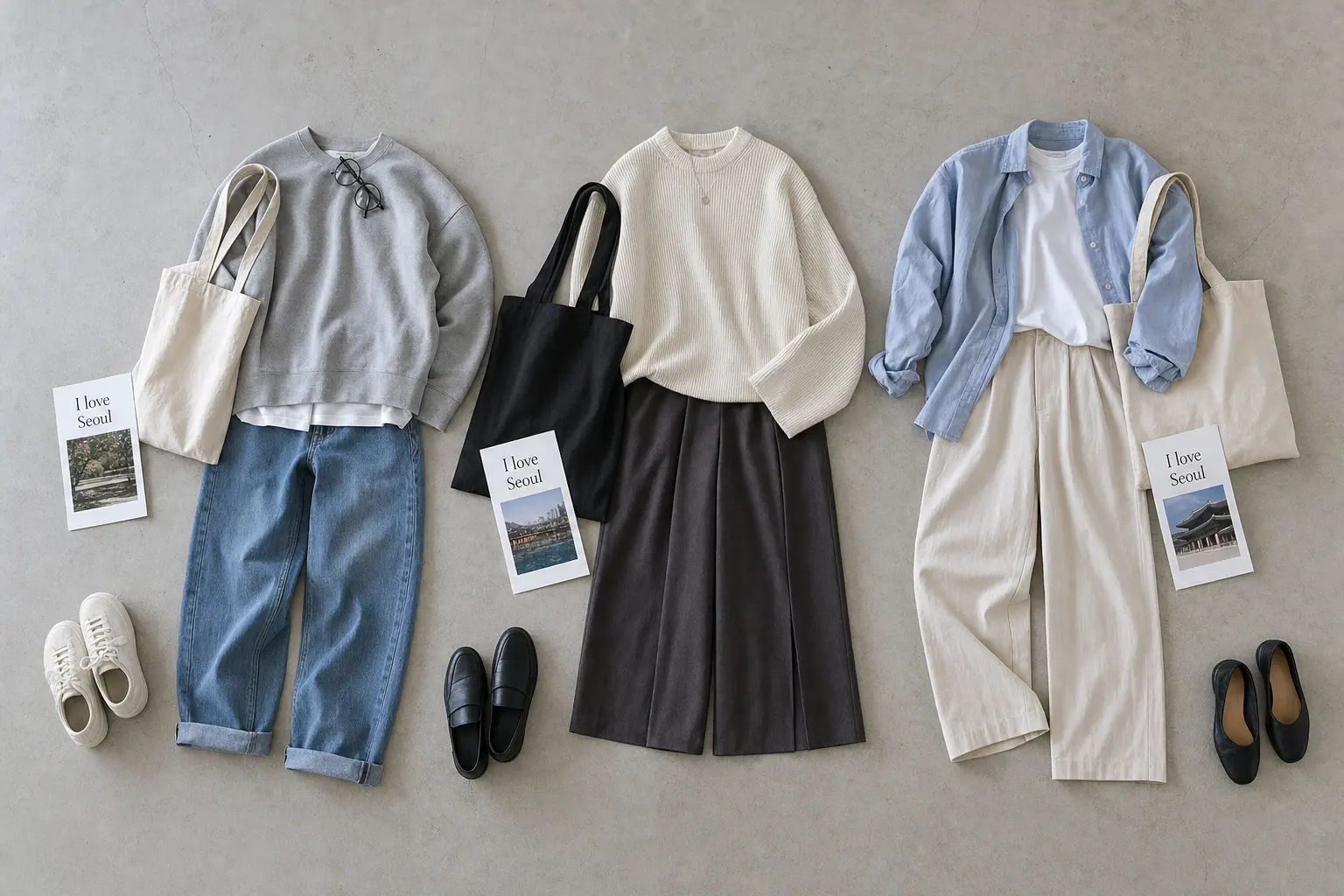 Three styled flat-lay outfits on a concrete table: campus casual (sweatshirt, jeans, tote), minimal city run (knit, culo