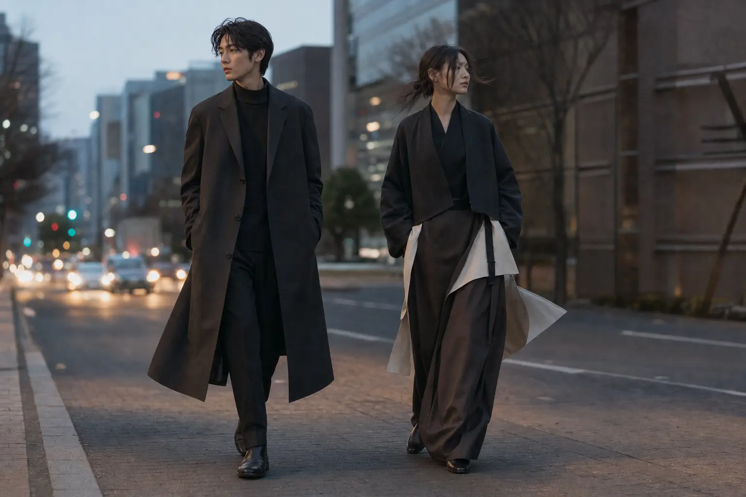 For the silhouette section: a full-body shot of two models walking in an urban streetscape at dusk, one wearing a stream
