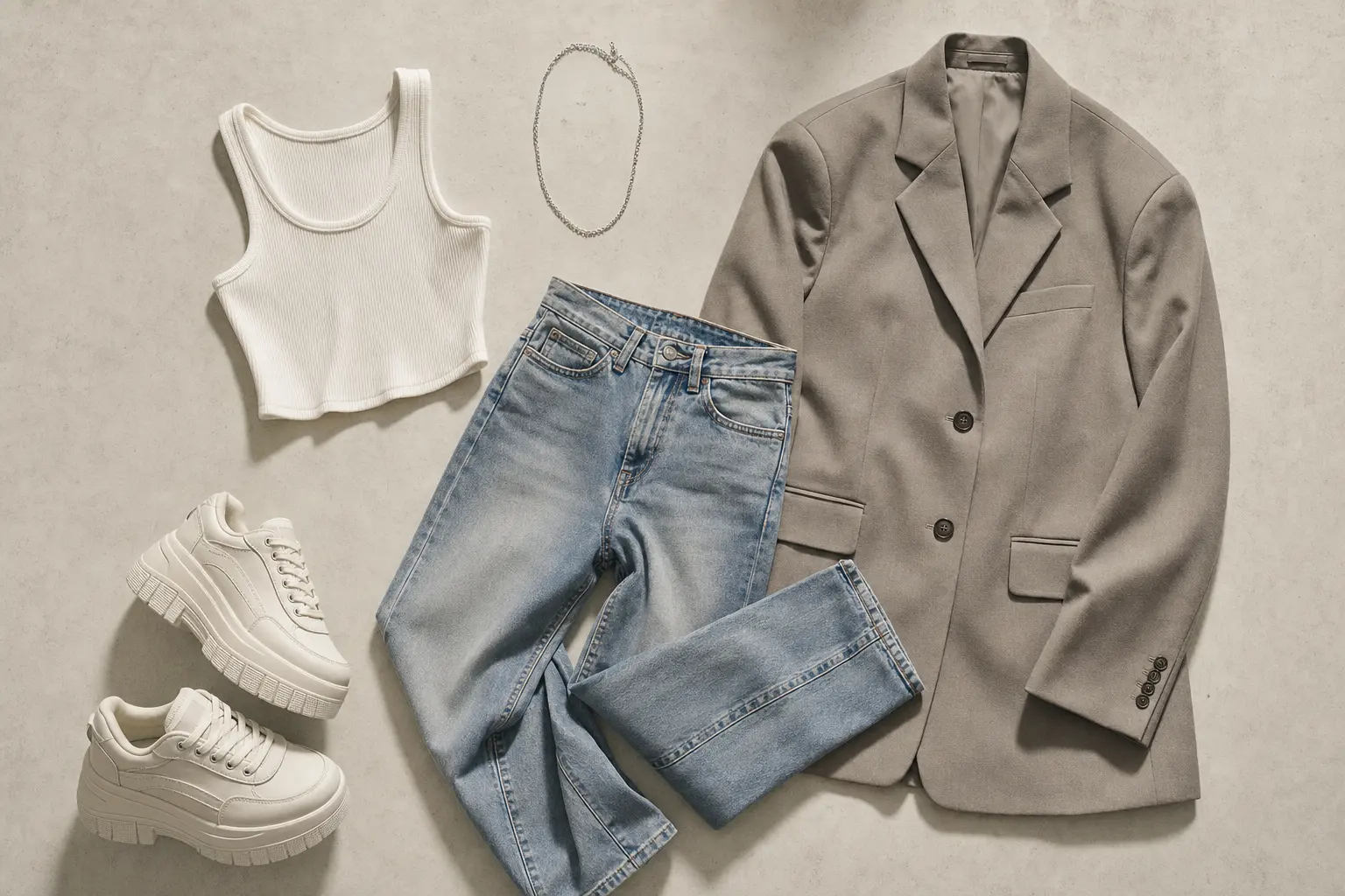 Flatlay of a seasonal capsule for Y2K Korean styling: cropped tank, low‑rise jeans, oversized blazer, platform sneakers,