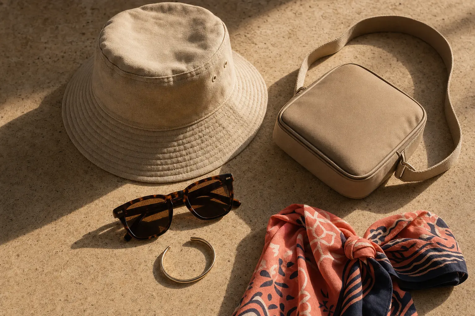 A close-up overhead shot of accessories on a warm stone surface: a sand-colored bucket hat, deep tortoise sunglasses, a