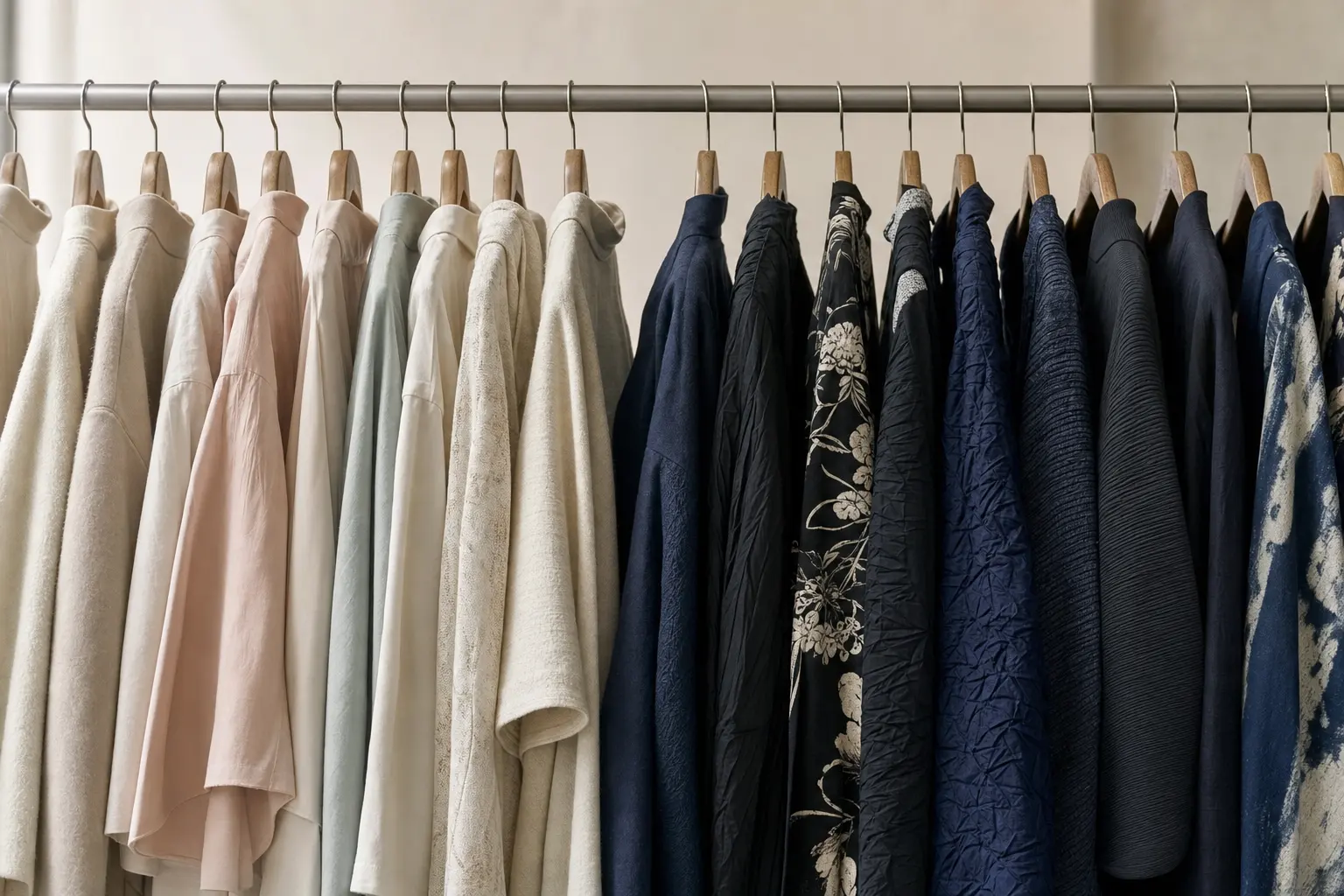 For the color and texture section: a close-up, waist-up image of clothing on a garment rack, half filled with soft beige