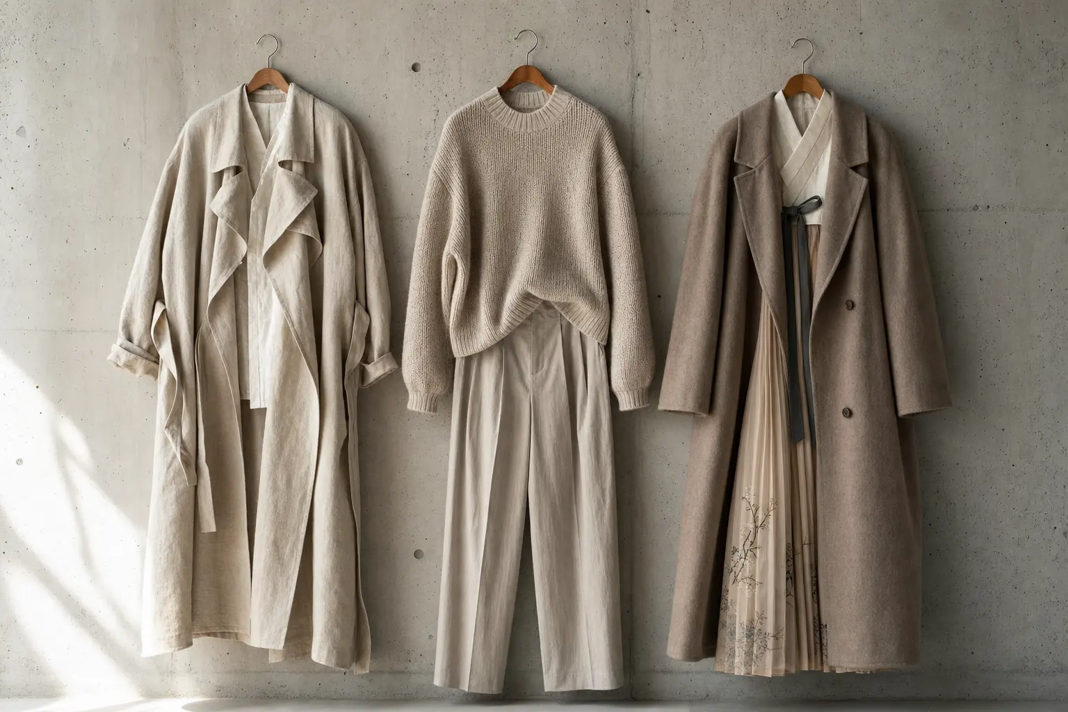 Three outfits hung against a muted concrete wall to illustrate seasonal looks: a lightweight linen trench, a chunky knit