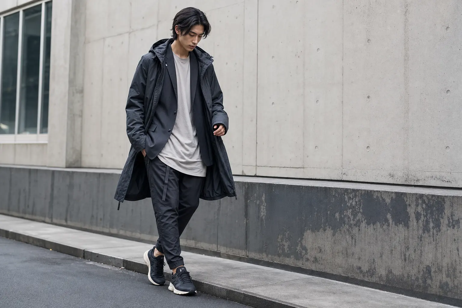 Street photograph of a layered idol‑inspired outfit: longline tee under a fitted blazer with a mid‑thigh tech parka, vis
