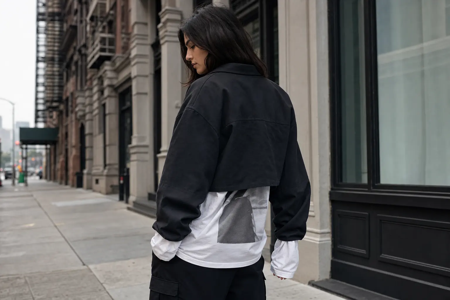 An editorial photo of a long-sleeve tee layered under a cropped jacket on a city sidewalk: focus on dropped shoulder and
