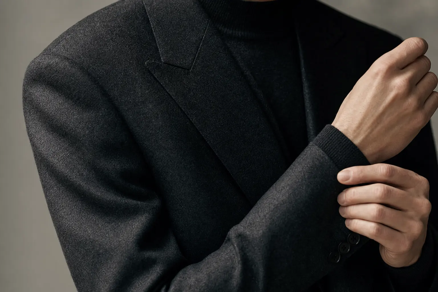 Close-up detail of tailoring: a well-cut shoulder seam and lapel on a charcoal jacket, hands adjusting the cuff. High-re
