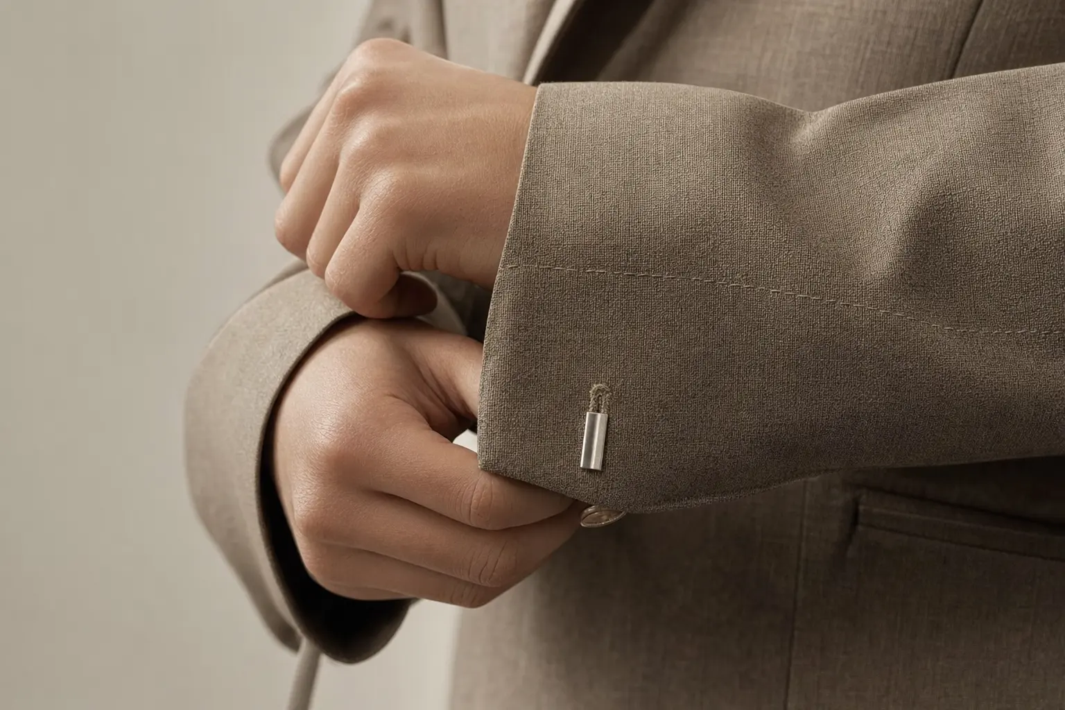Close-up of hands adjusting an oversized blazer cuff on a neutral background; show fabric weave, visible stitching, and