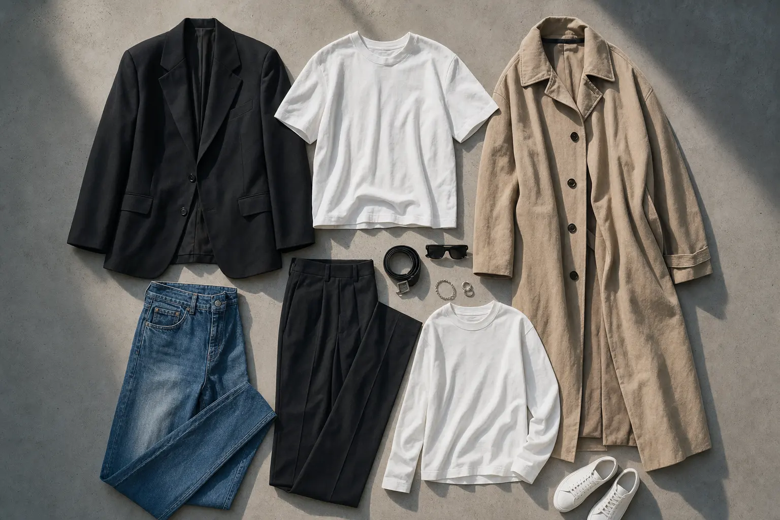Flat-lay of the 10-piece genderless wardrobe: oversized blazer, boxy tee, straight trousers, long trench, denim, belt, s