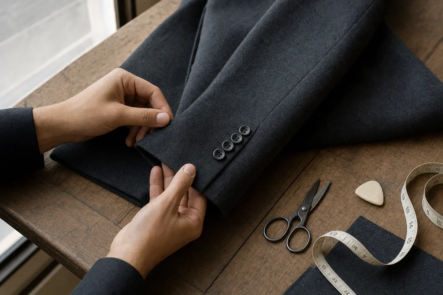 Closeup of hands adjusting a blazer sleeve on a wooden table with tailoring tools: measuring tape, chalk, and small scis