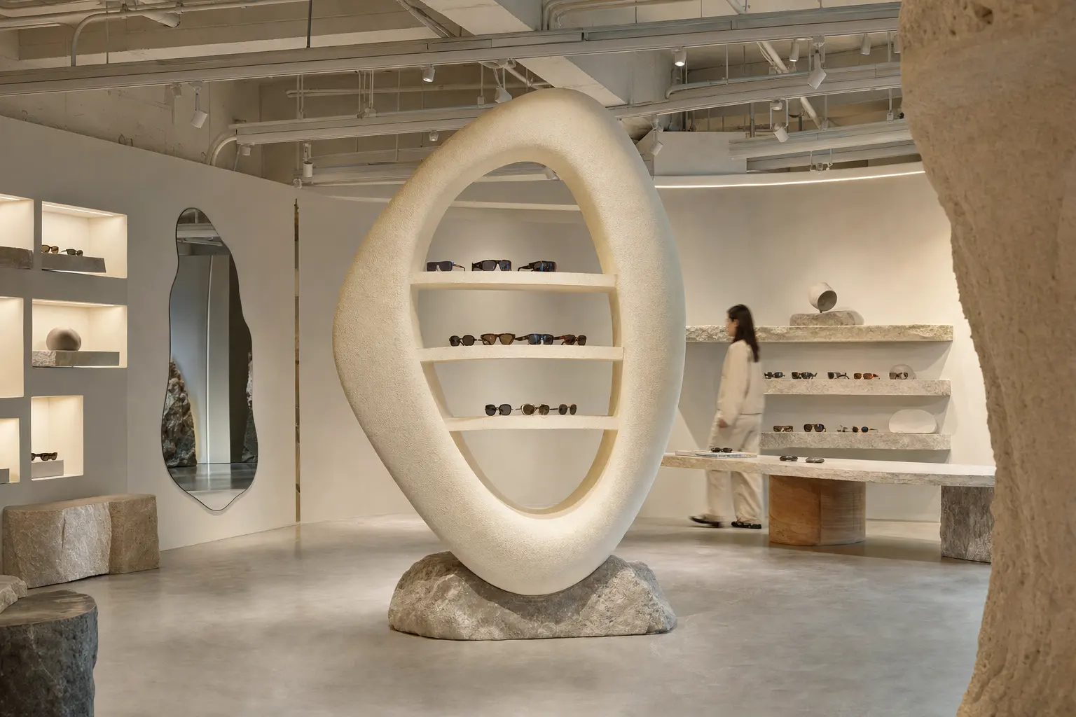 Interior of a concept store with sculptural eyewear displays and minimalist fixtures: warm gallery lighting, concrete fl