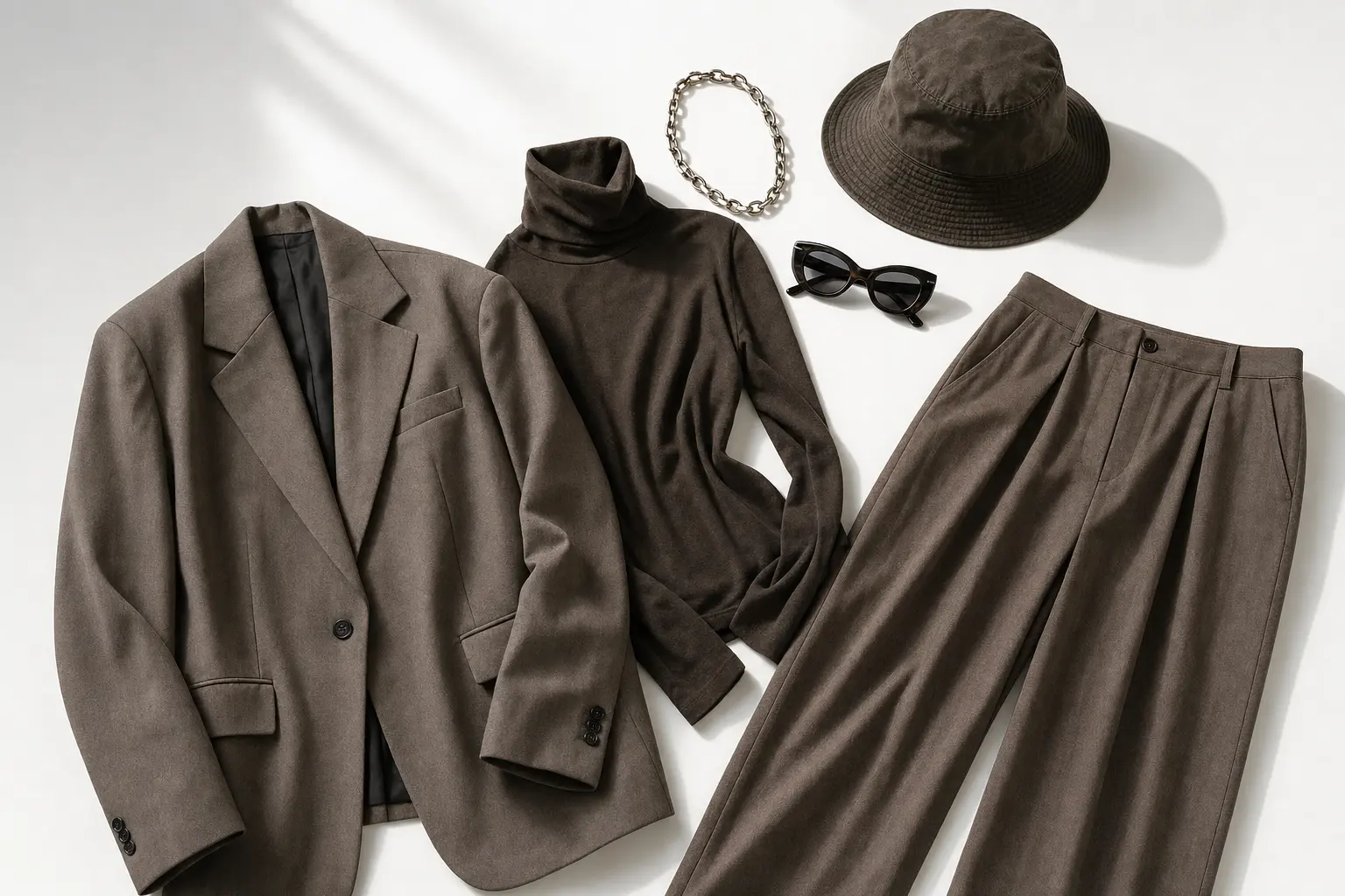 Flatlay of a capsule wardrobe: oversized blazer, low‑rise wide trousers, fitted turtleneck, bucket hat, chunky chain nec