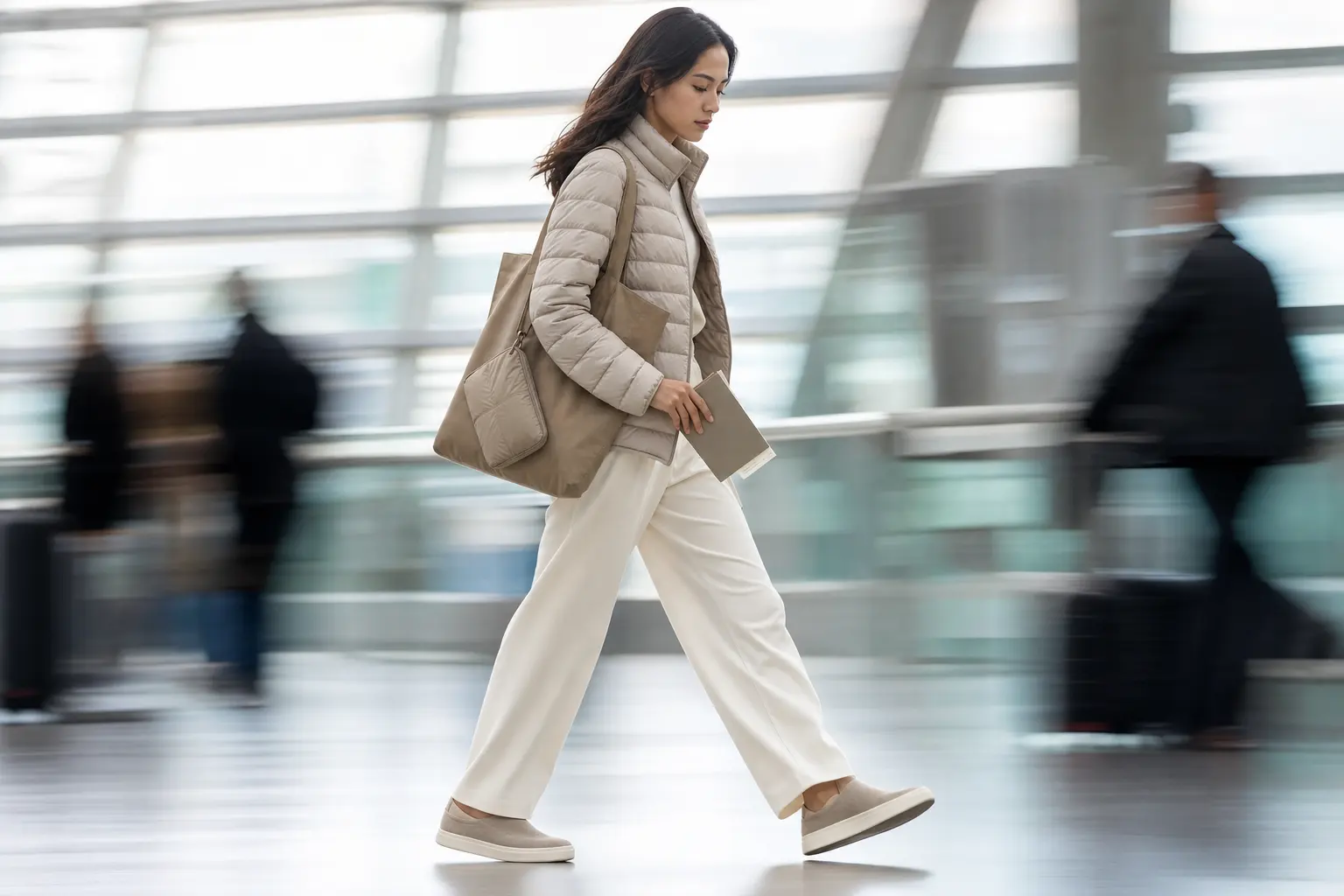 A travel/airport scene: a traveler in a compressible packable puffer, tote with the puffer pouch attached, slip-on train