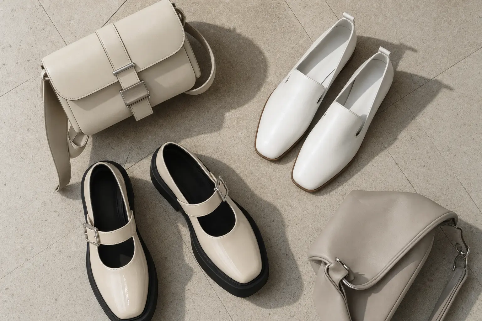 Top‑down shot of shoes and bags arranged on a tiled floor: white slip‑ons, platform Mary‑Janes, and a compact structured