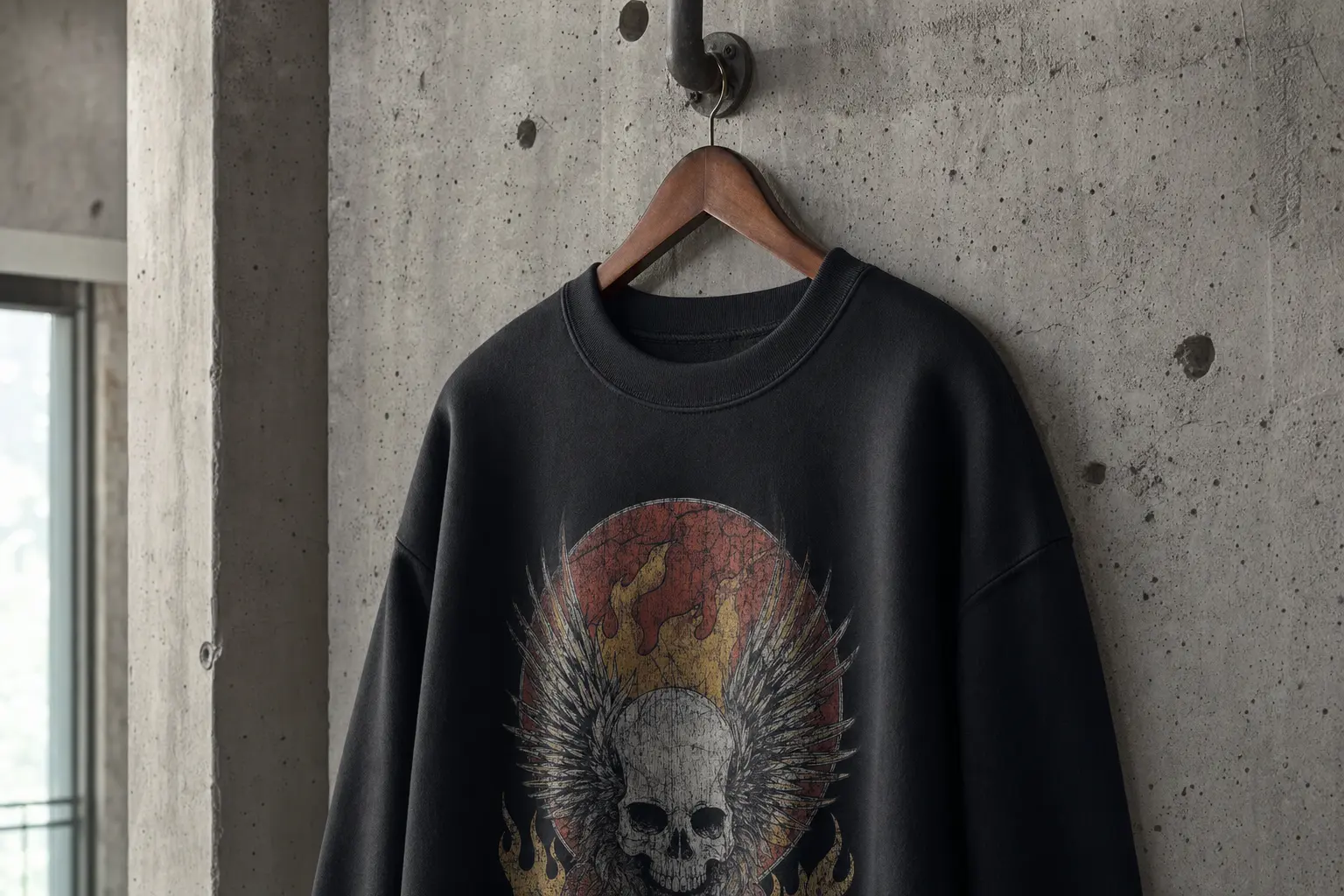 A lifestyle image of a heavyweight Gildan 5000 crewneck on a hanger against an industrial concrete wall: show distressed