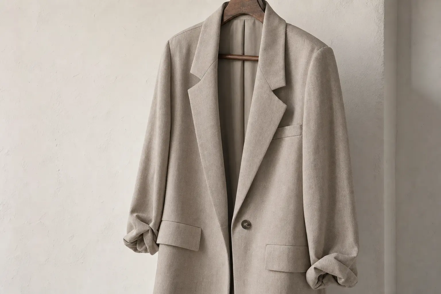 A close-up editorial-style shot of a longline unstructured blazer draped over a hanger against a neutral wall; show fabr