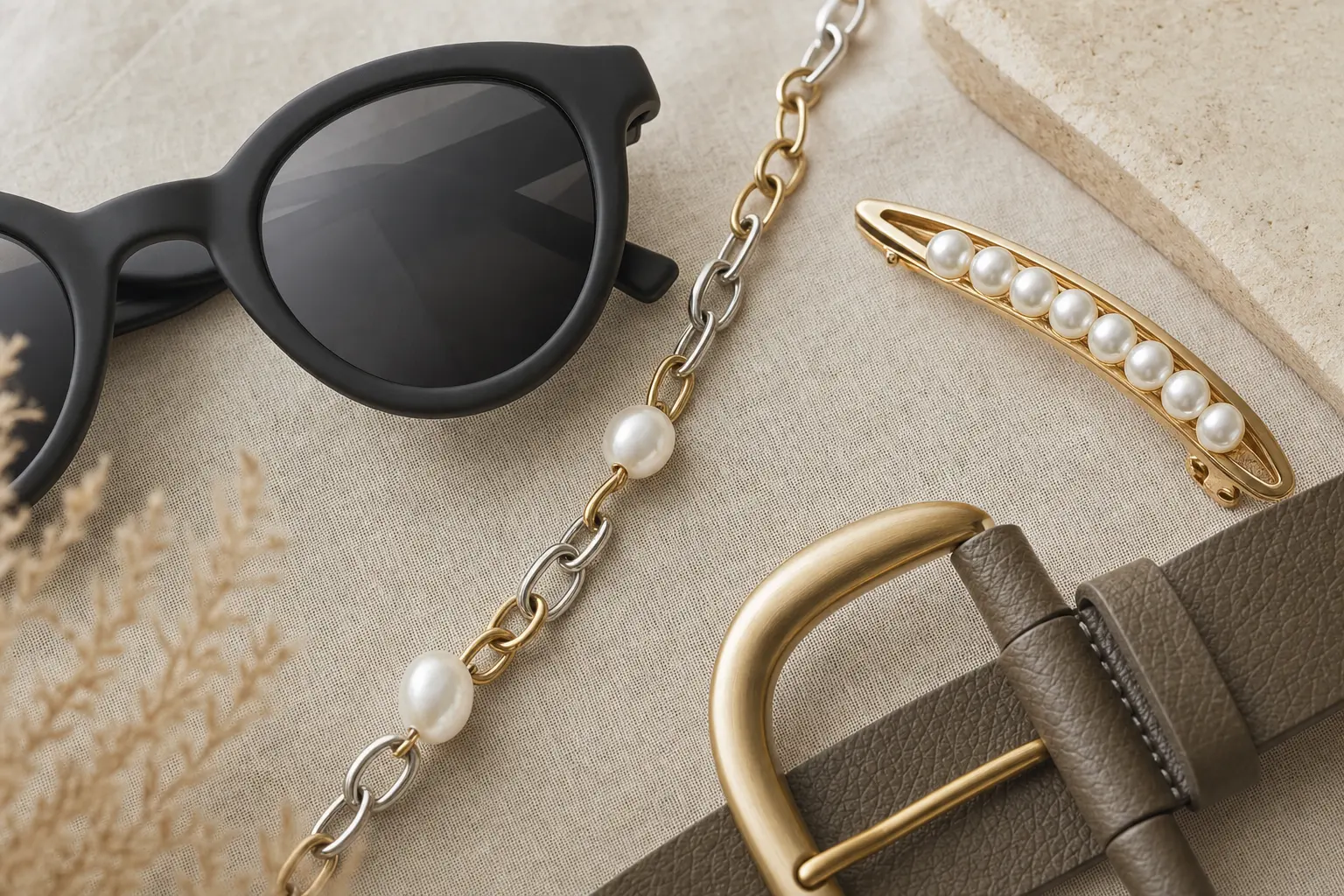 Close‑up studio shot of accessories: matte sunglasses, pearl‑accent chain, hair barrette clipped asymmetrically, and tex