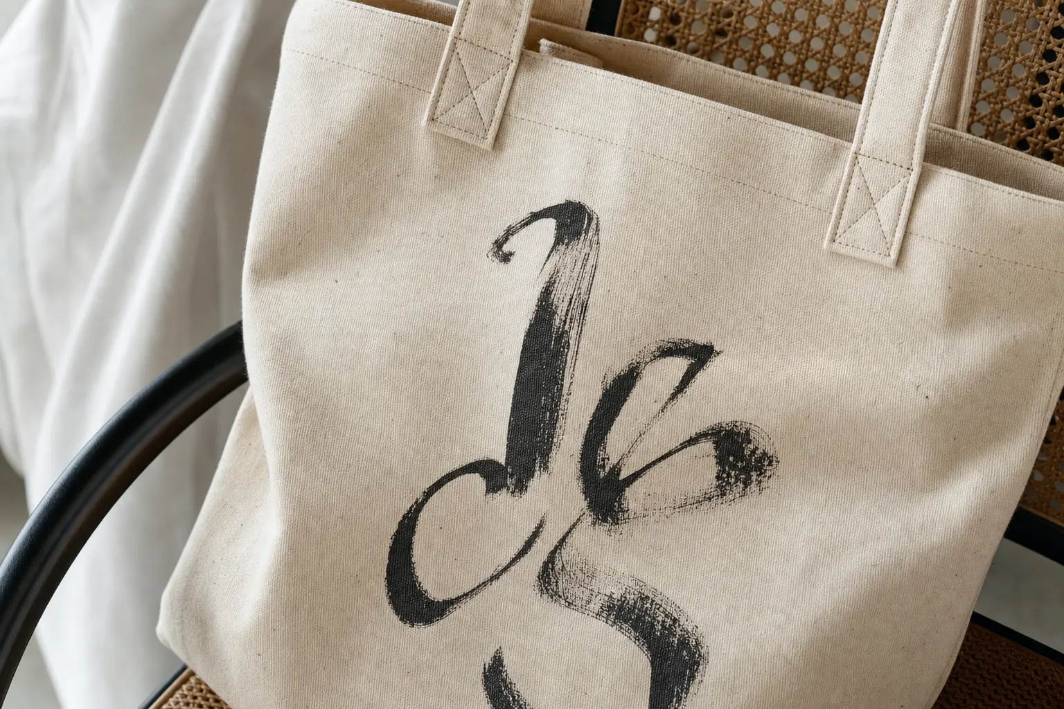 Close-up of a mid-weight 10 oz cotton canvas texture with a centered distressed calligraphy print; visible box-X reinfor