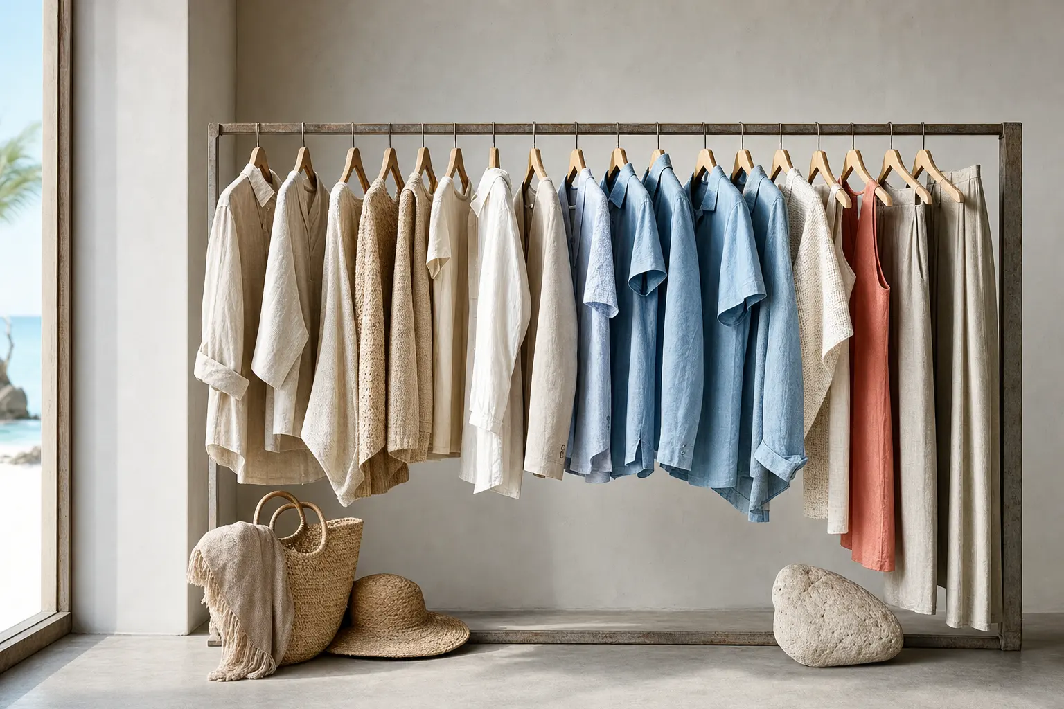 A neatly arranged rack in a minimalist studio space holding a Nauru-inspired capsule wardrobe: sand and stone neutrals,