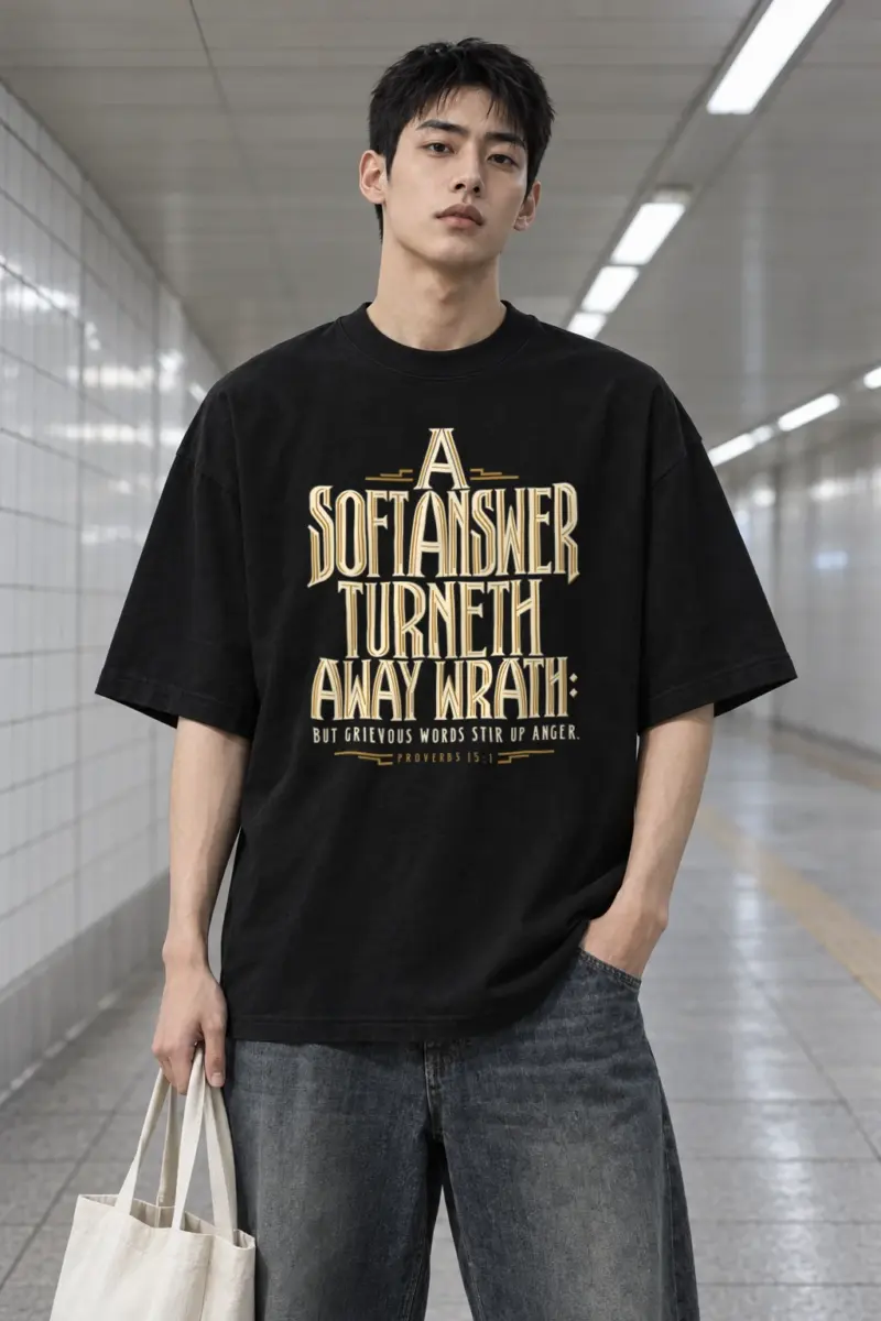 "A Soft Answer Turneth Away Wrath" Men's Oversized Heavyweight Crewneck T-Shirt