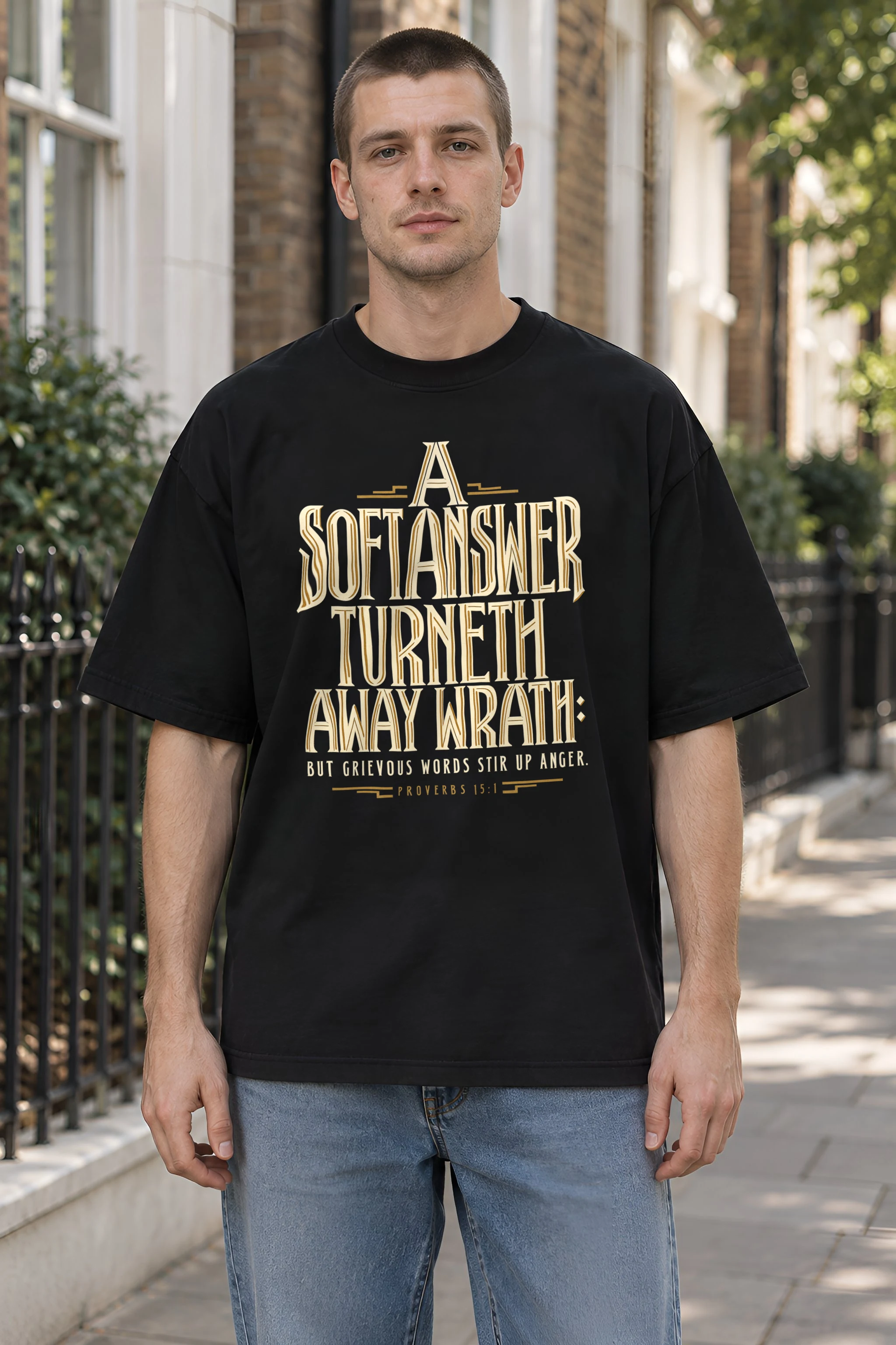 "A Soft Answer Turneth Away Wrath" Men's Oversized Heavyweight Crewneck T-Shirt