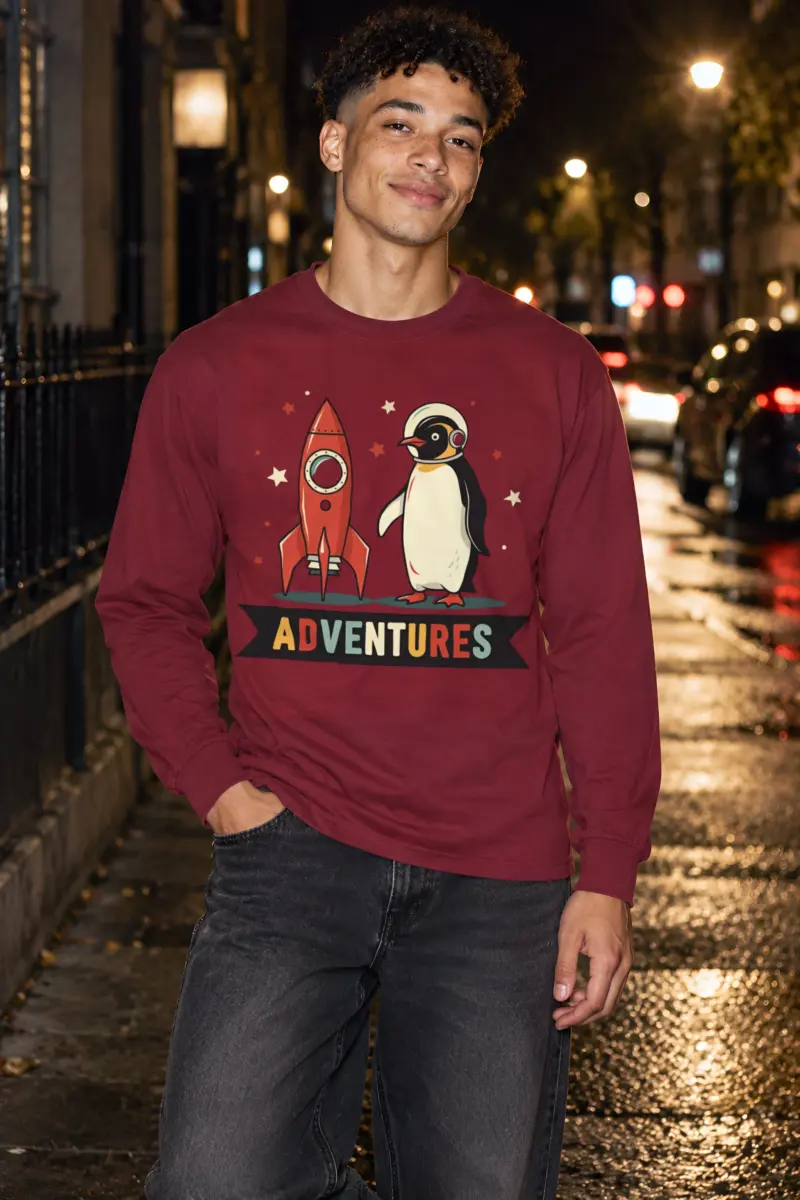 "Adventures Rocket Penguin" Unisex Longsleeve T-shirt