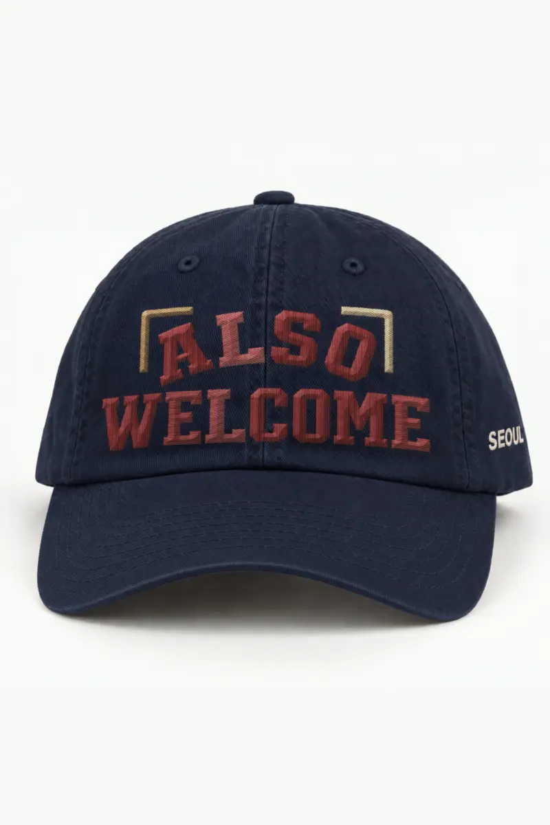"Also Welcome" Classic Dad Hat · Embroidered — navy/cap-front