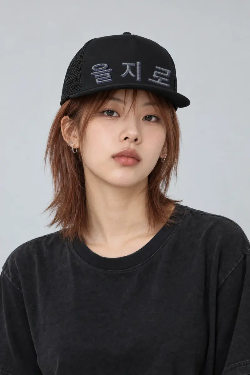 "Angular Hangul Lettering" 5 Panel Trucker Cap · Embroidered