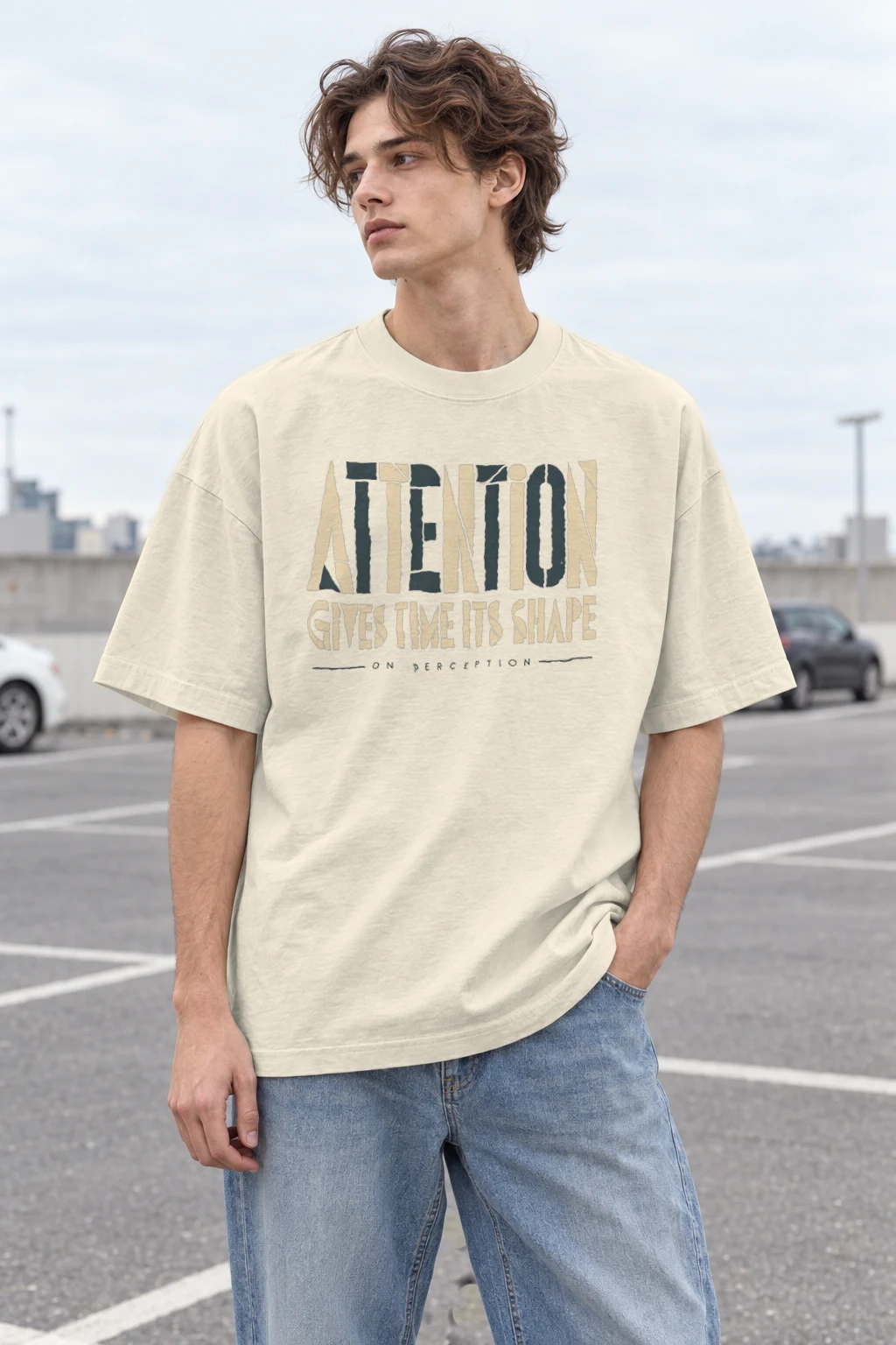 "Attention Gives Time" Men's Oversized Heavyweight Crewneck T-Shirt