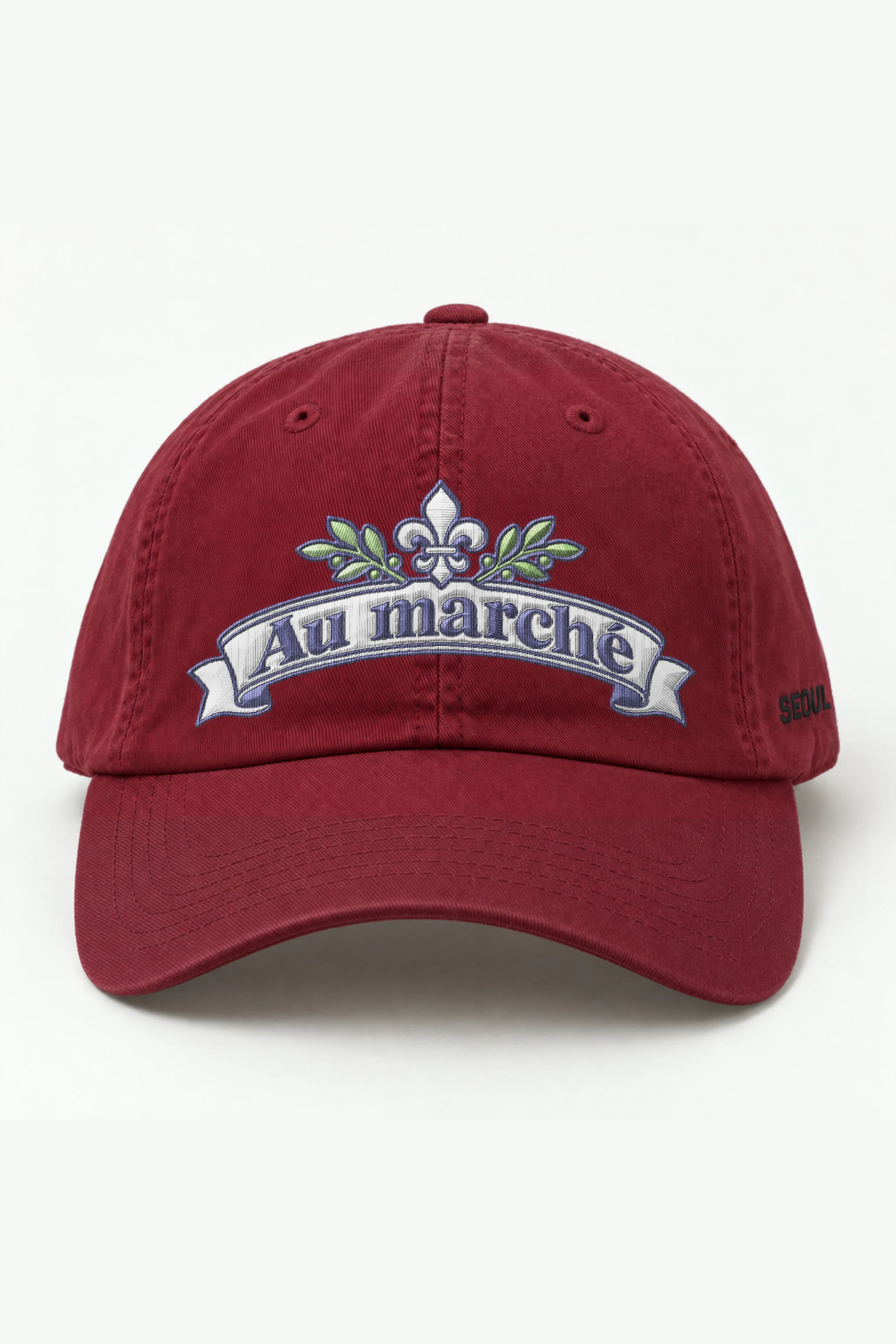 "Au Marché Emblem" Classic Dad Hat · Embroidered — cranberry/cap-front