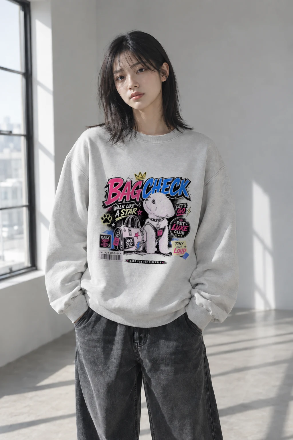 "Bag Check Pup" Heavy Blend Unisex Crewneck Sweatshirt | Gildan 18000