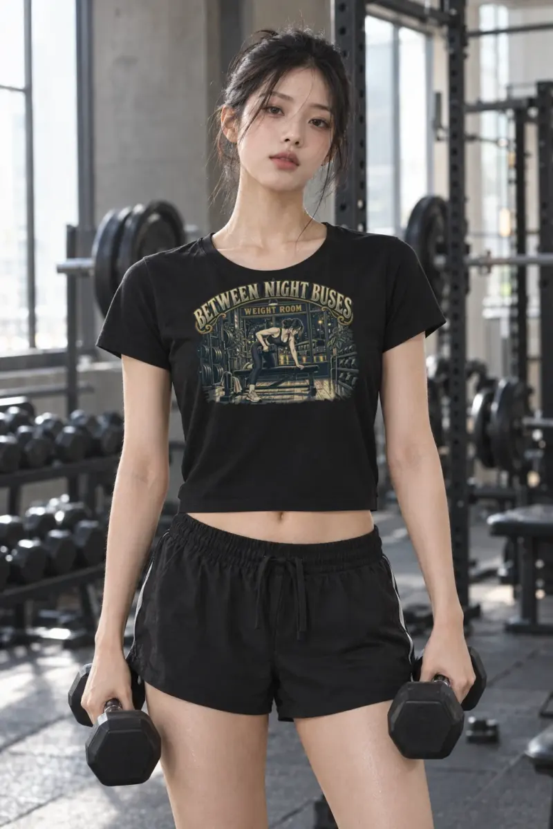 “Between Night Buses Weight Room” Women’s Crop Tee