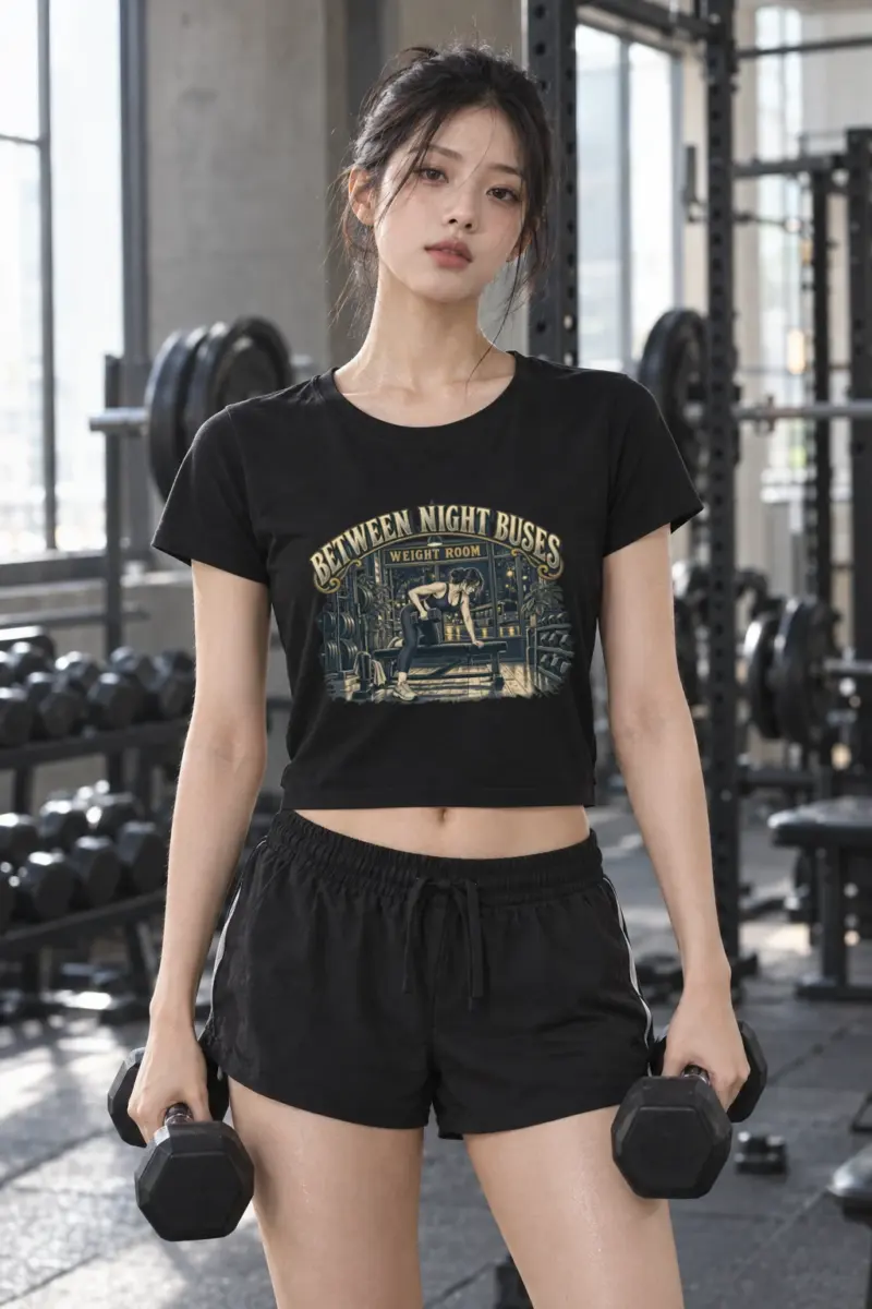 “Between Night Buses Weight Room” Women’s Crop Tee