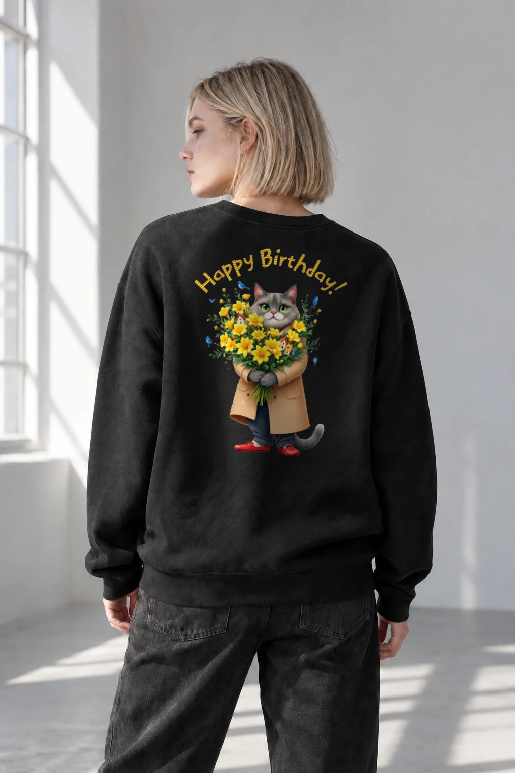 "Birthday Bouquet Cat" Heavy Blend Unisex Crewneck Sweatshirt | Gildan 18000