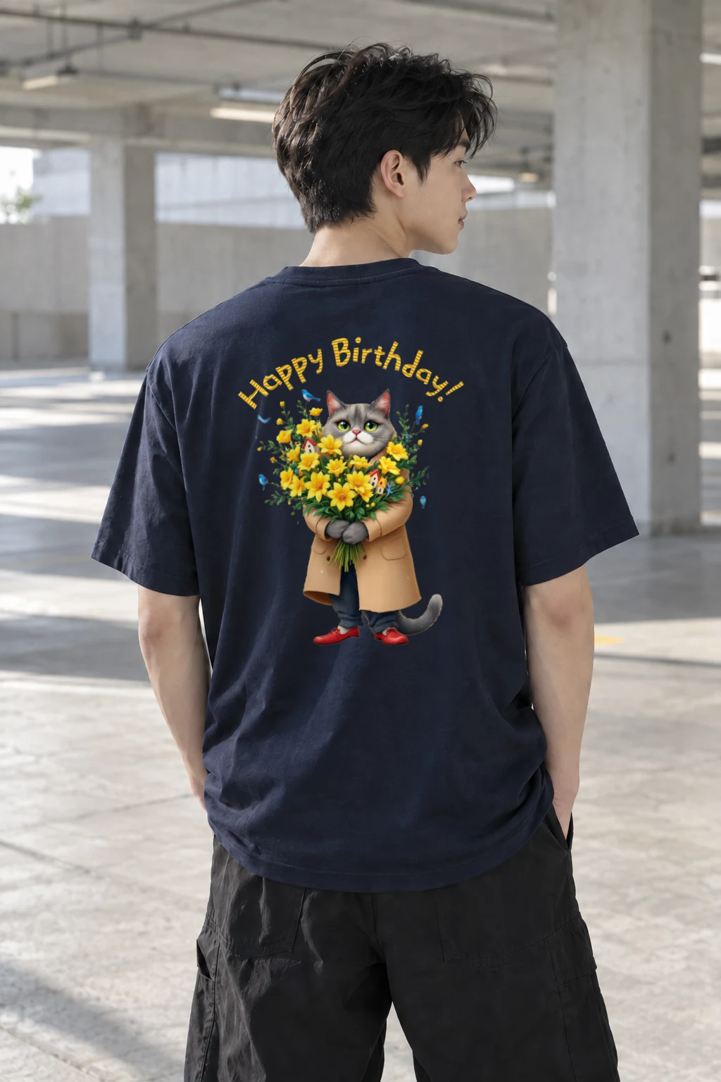 "Birthday Bouquet Cat" Heavyweight Unisex Crewneck T-shirt | Gildan 5000