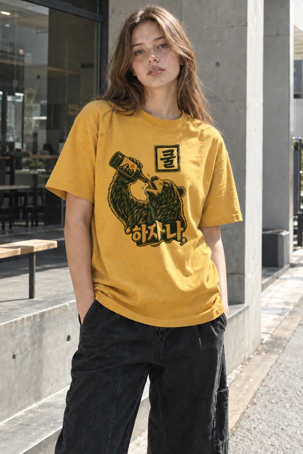 "Bottle Bear Woodcut" Heavyweight Unisex Crewneck T-shirt | Gildan 5000