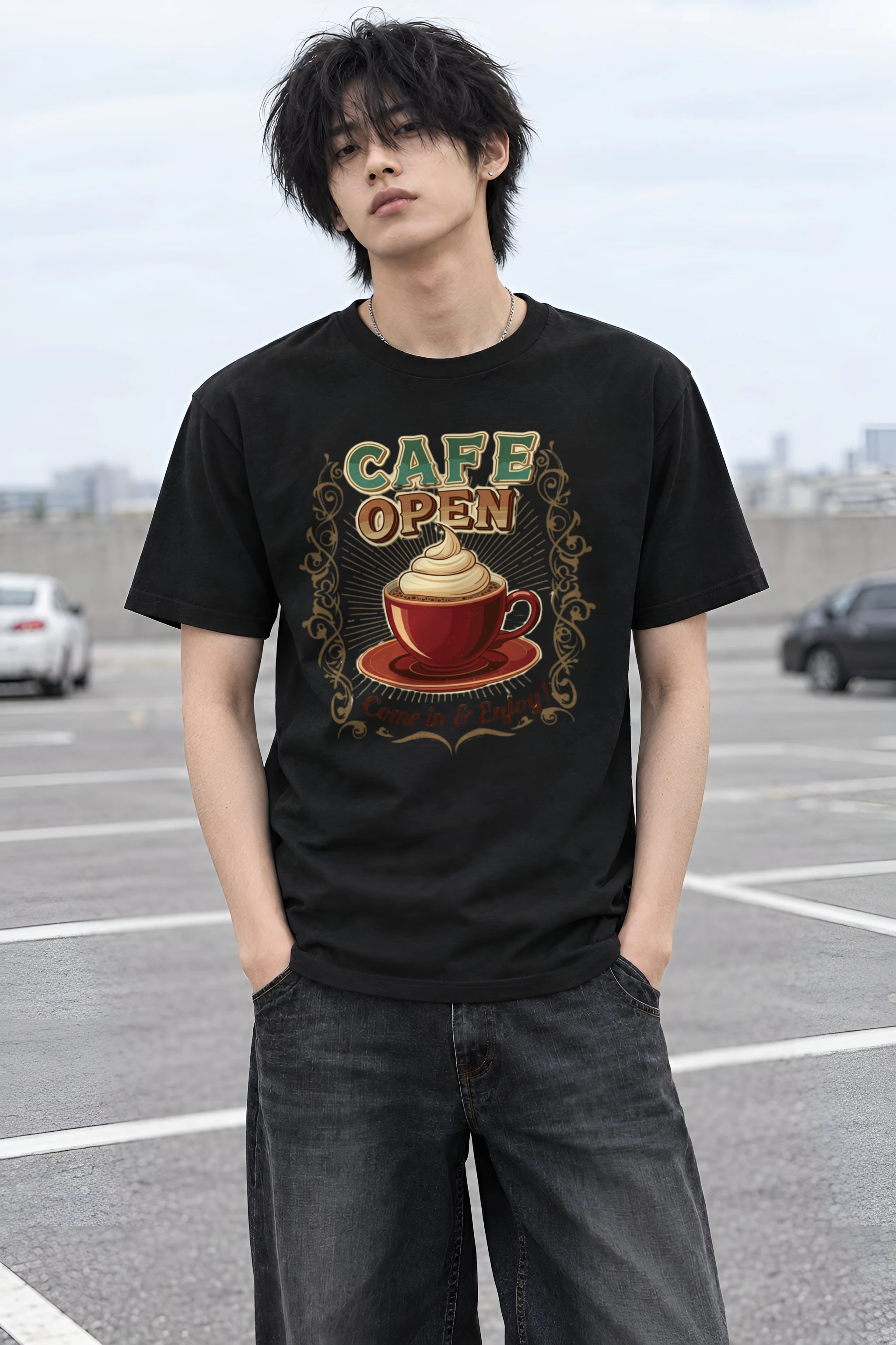 "Cafe Open" Heavyweight Unisex Crewneck T-shirt