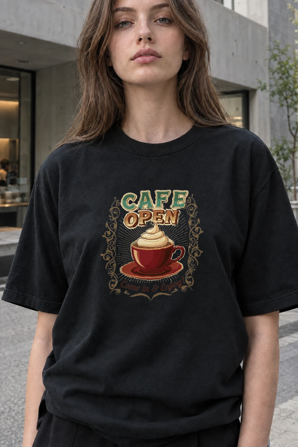 "Cafe Open" Heavyweight Unisex Crewneck T-shirt | Gildan 5000