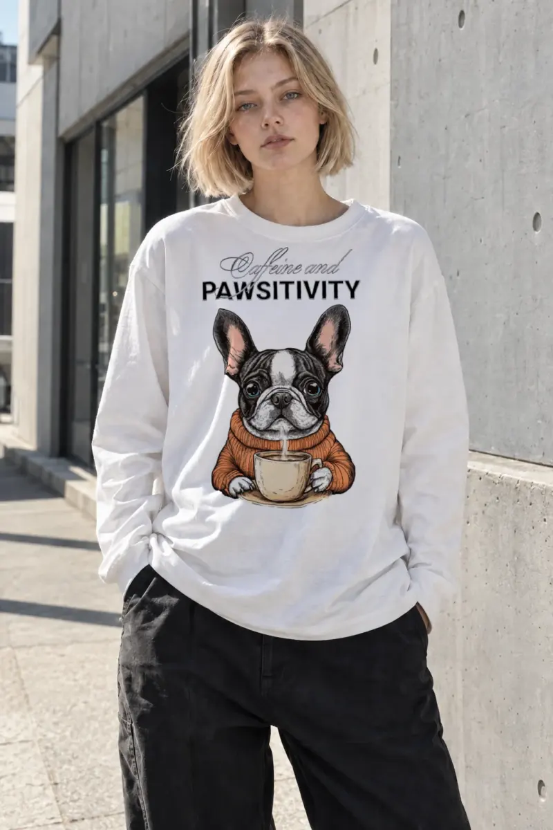 “Caffeine and Pawsitivity” Unisex Longsleeve T-shirt | Gildan 2400