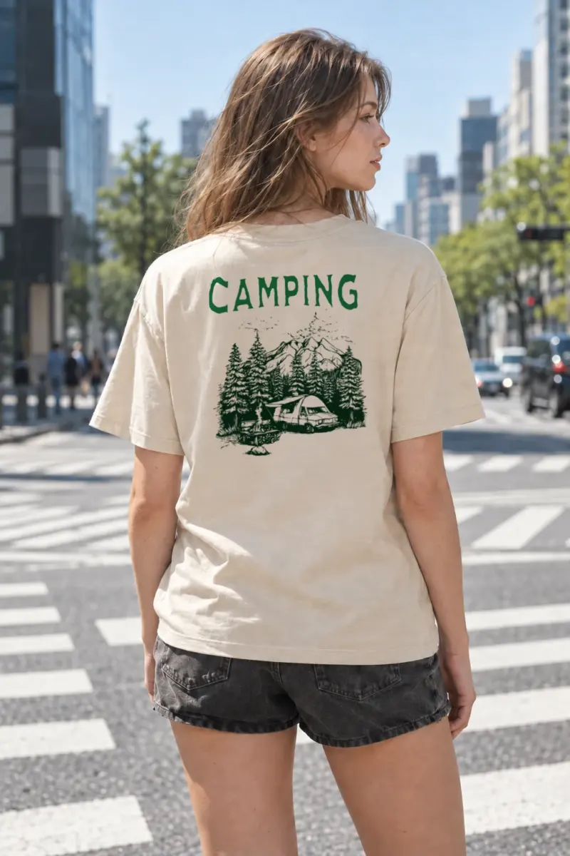 “Camping Woodcut” Heavyweight Unisex Crewneck T-shirt | Gildan 5000