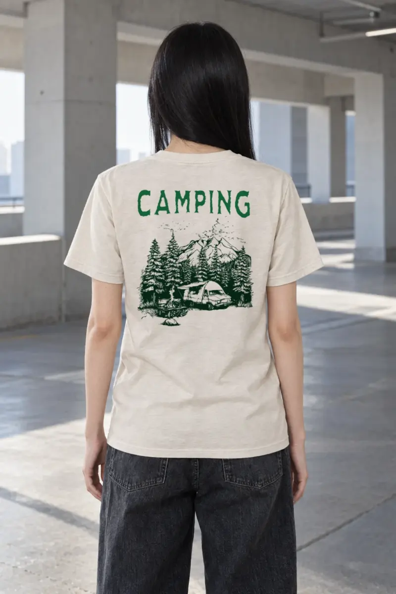 "Camping Woodcut" Heavyweight Unisex Crewneck T-shirt | Gildan 5000
