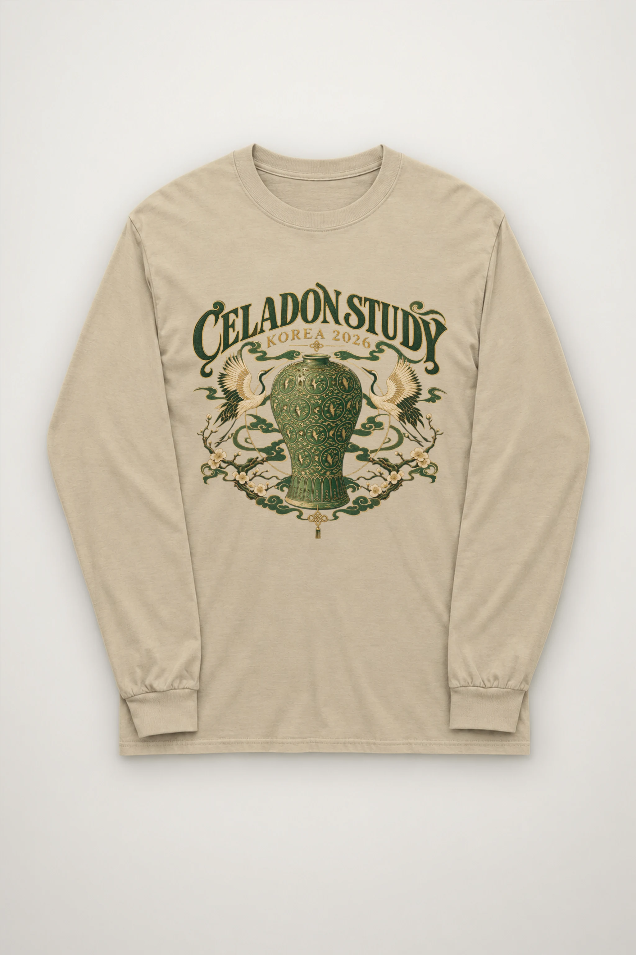 "Celadon Motif with Cranes" Unisex Longsleeve T-shirt