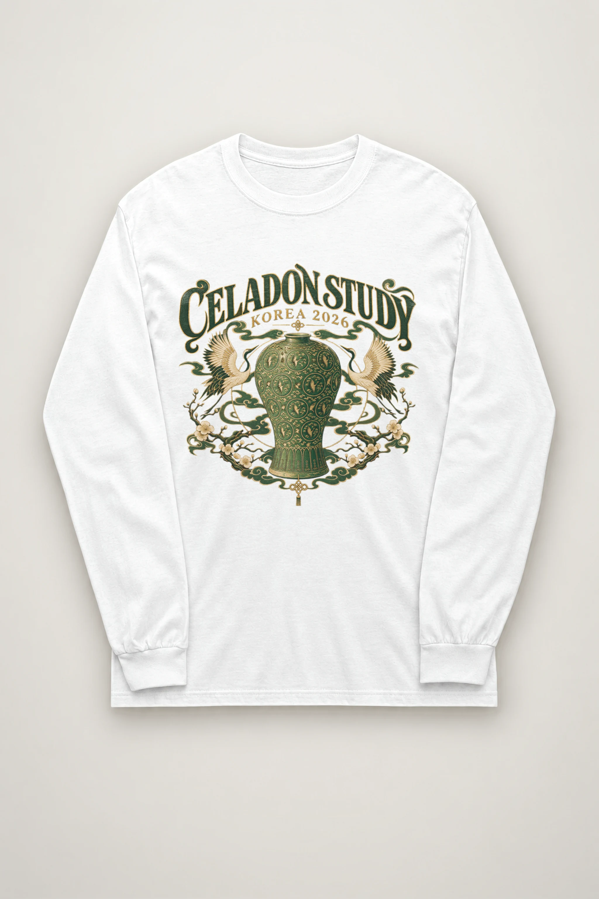"Celadon Motif with Cranes" Unisex Longsleeve T-shirt