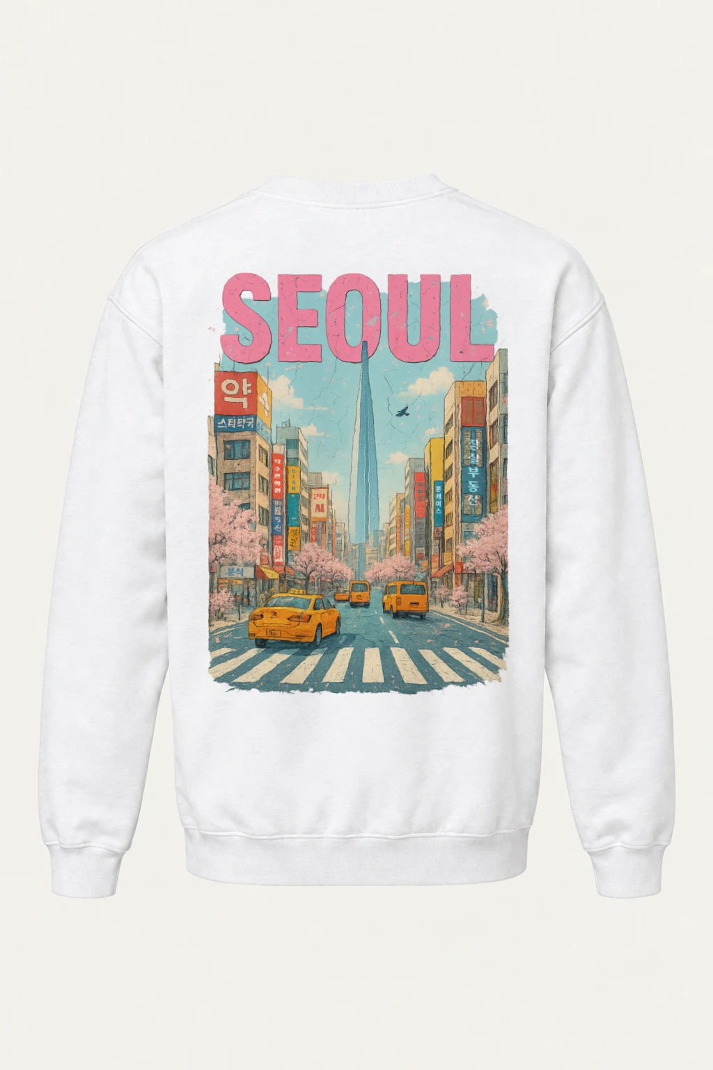 "Cherry Blossom Taxi Street" Heavy Blend Unisex Crewneck Sweatshirt | Gildan 18000