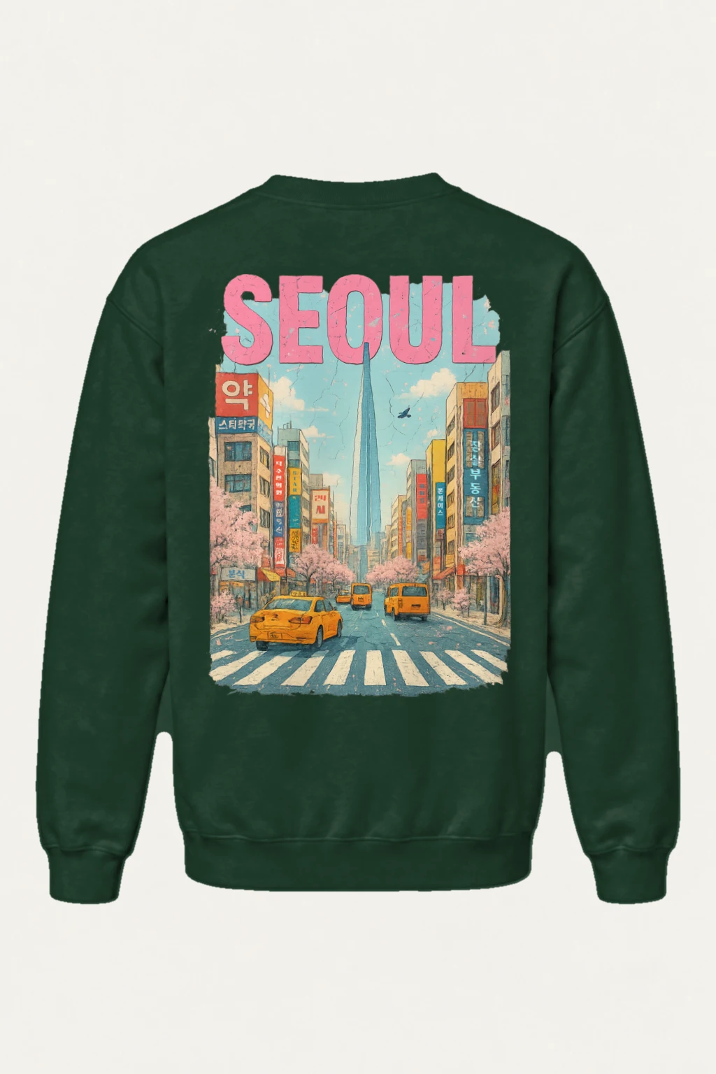 "Cherry Blossom Taxi Street" Heavy Blend Unisex Crewneck Sweatshirt | Gildan 18000