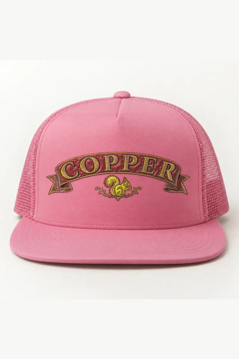 "Copper Squirrel" 5 Panel Trucker Cap · Embroidered — pink/cap-front