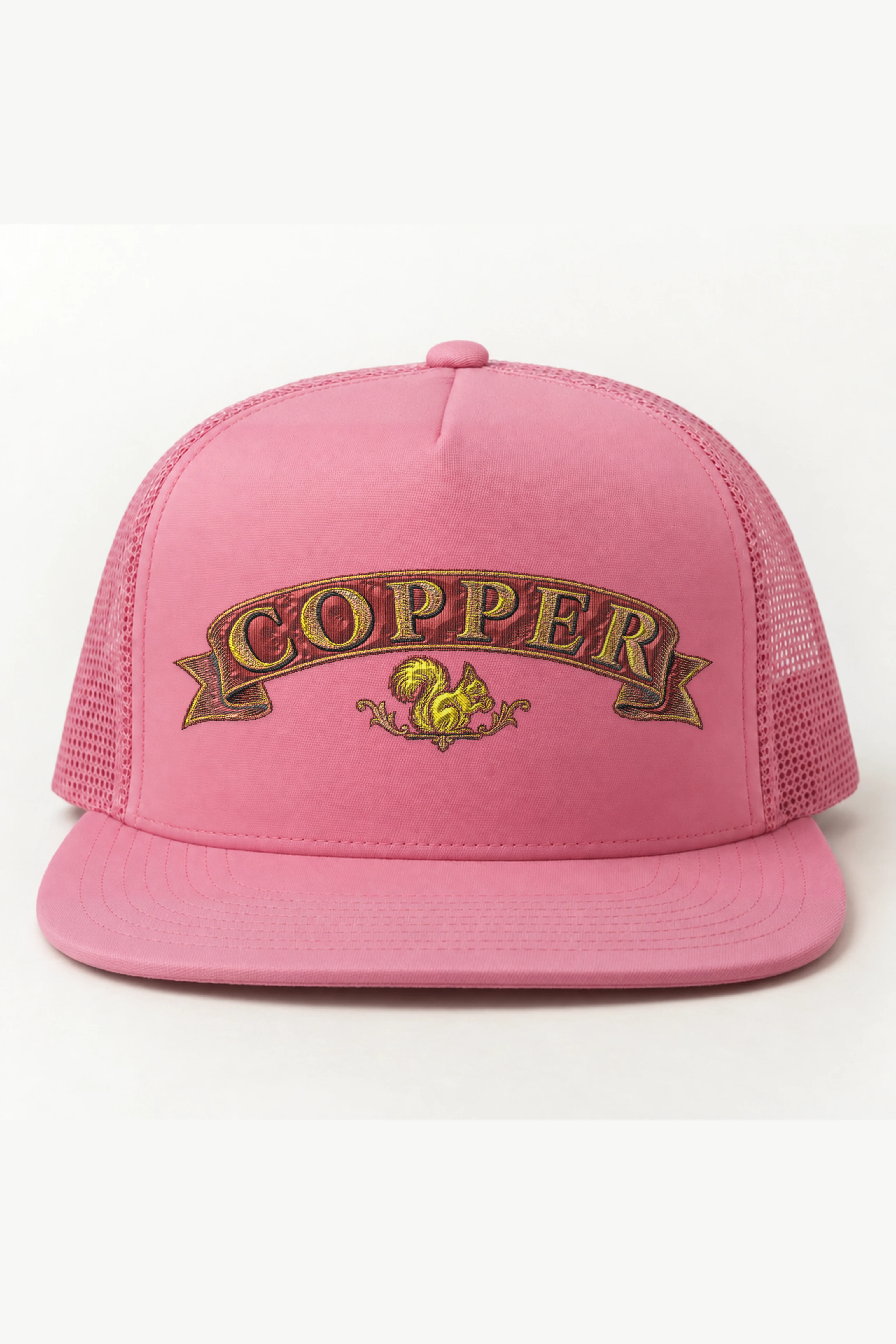 "Copper Squirrel" 5 Panel Trucker Cap · Embroidered — pink/cap-front