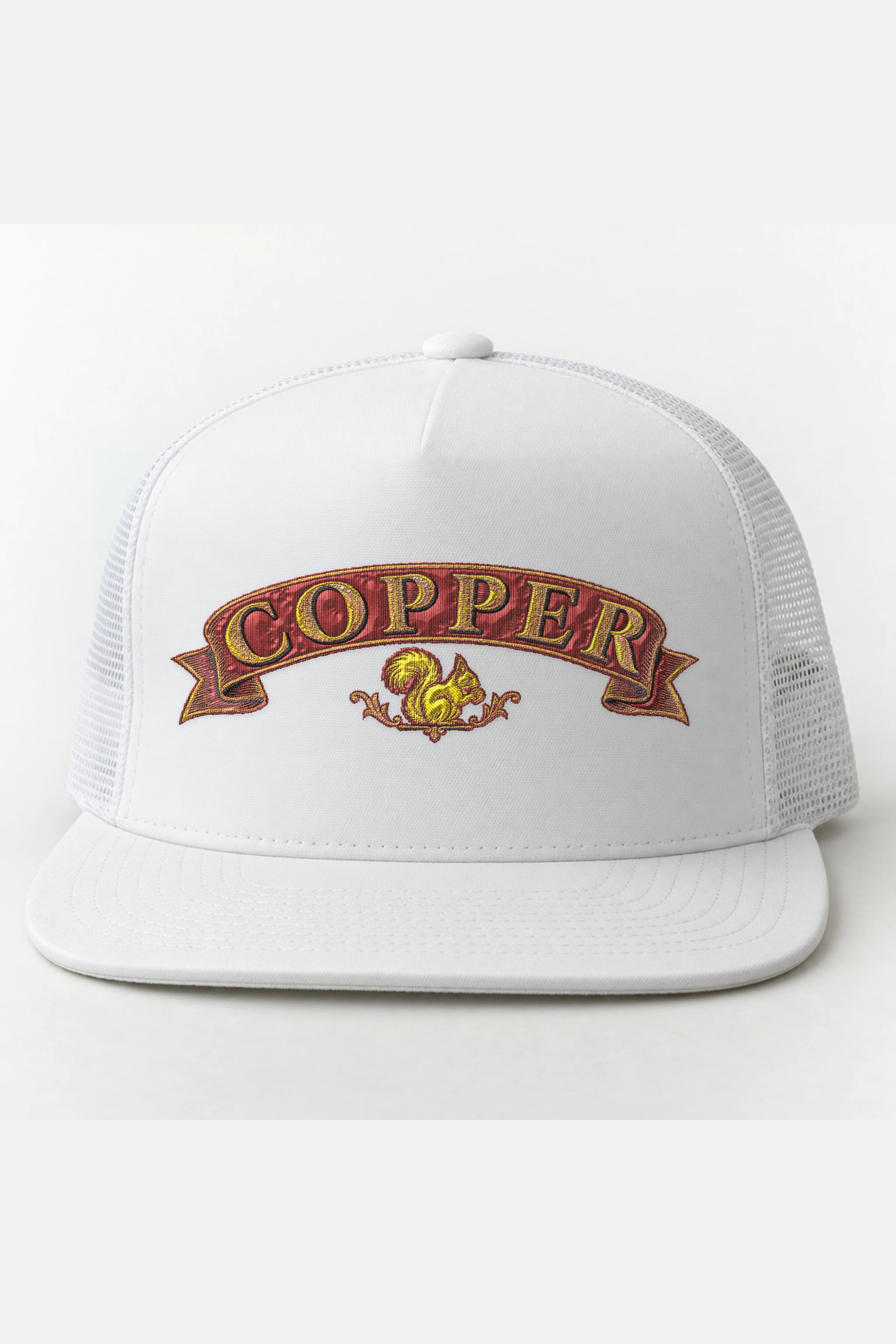 "Copper Squirrel" 5 Panel Trucker Cap · Embroidered — white/cap-front