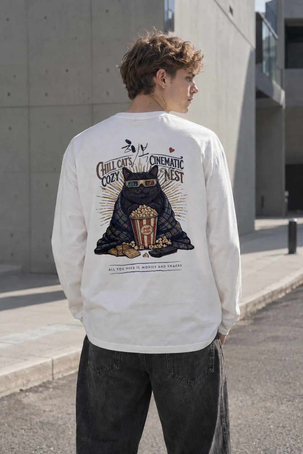 "Cozy Cinema Cat" Unisex Longsleeve T-shirt | Gildan 2400